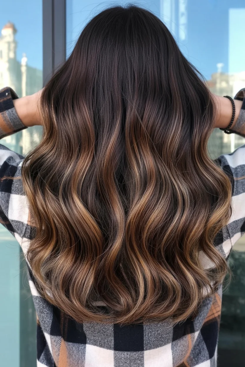 smoky summer ash brown hair color 2026 Deep Ash Brown Waves with Warm Summer Ribbons