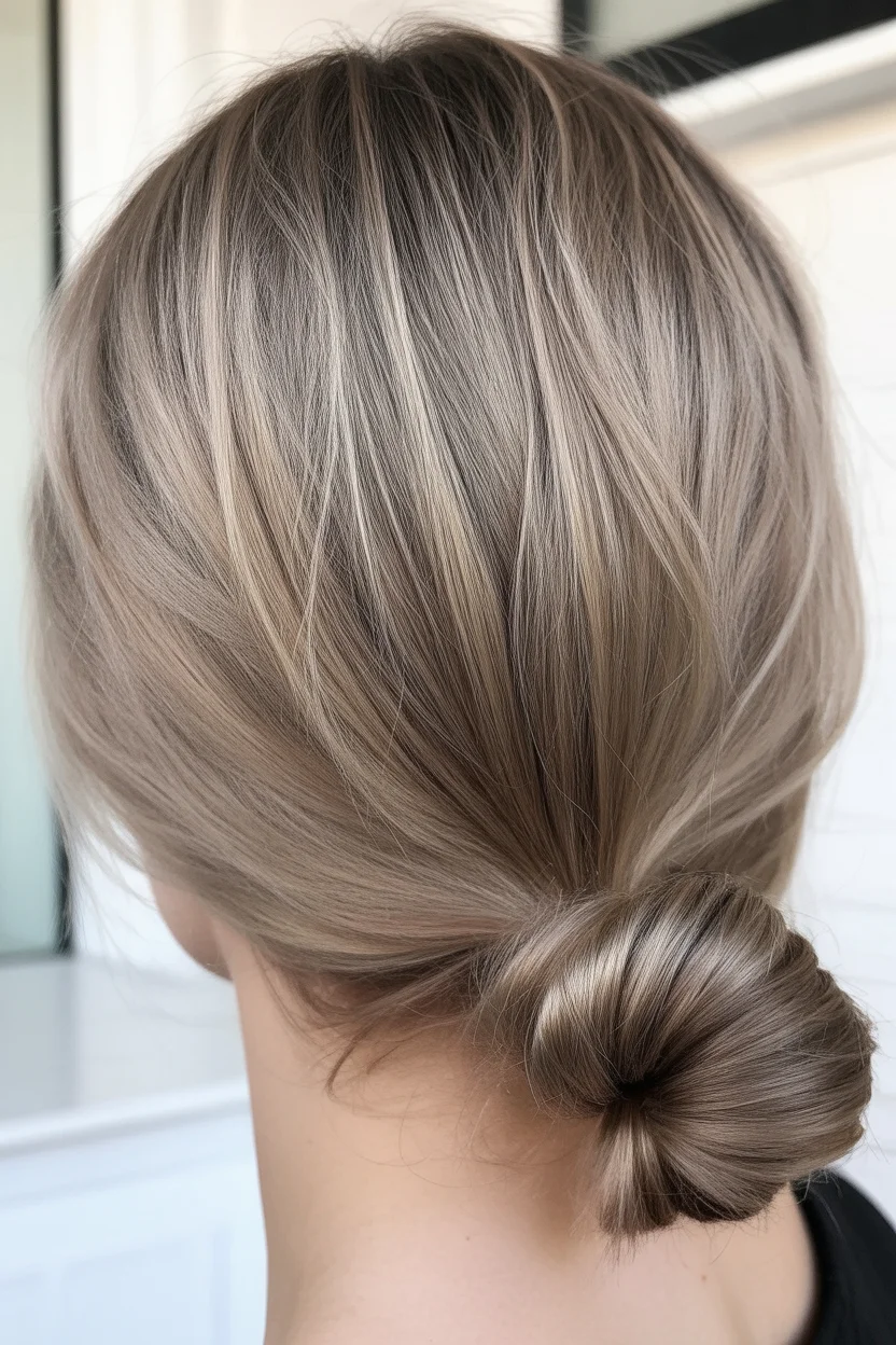 soft summer mushroom brown hair color 2026 low bun elegance in smoky mushroom blonde