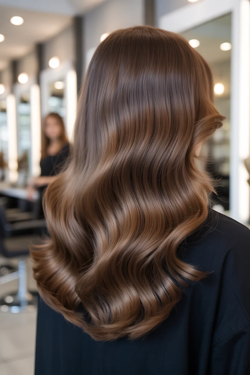 soft summer mushroom brown hair color 2026 glossy deep mushroom waves with silky finish