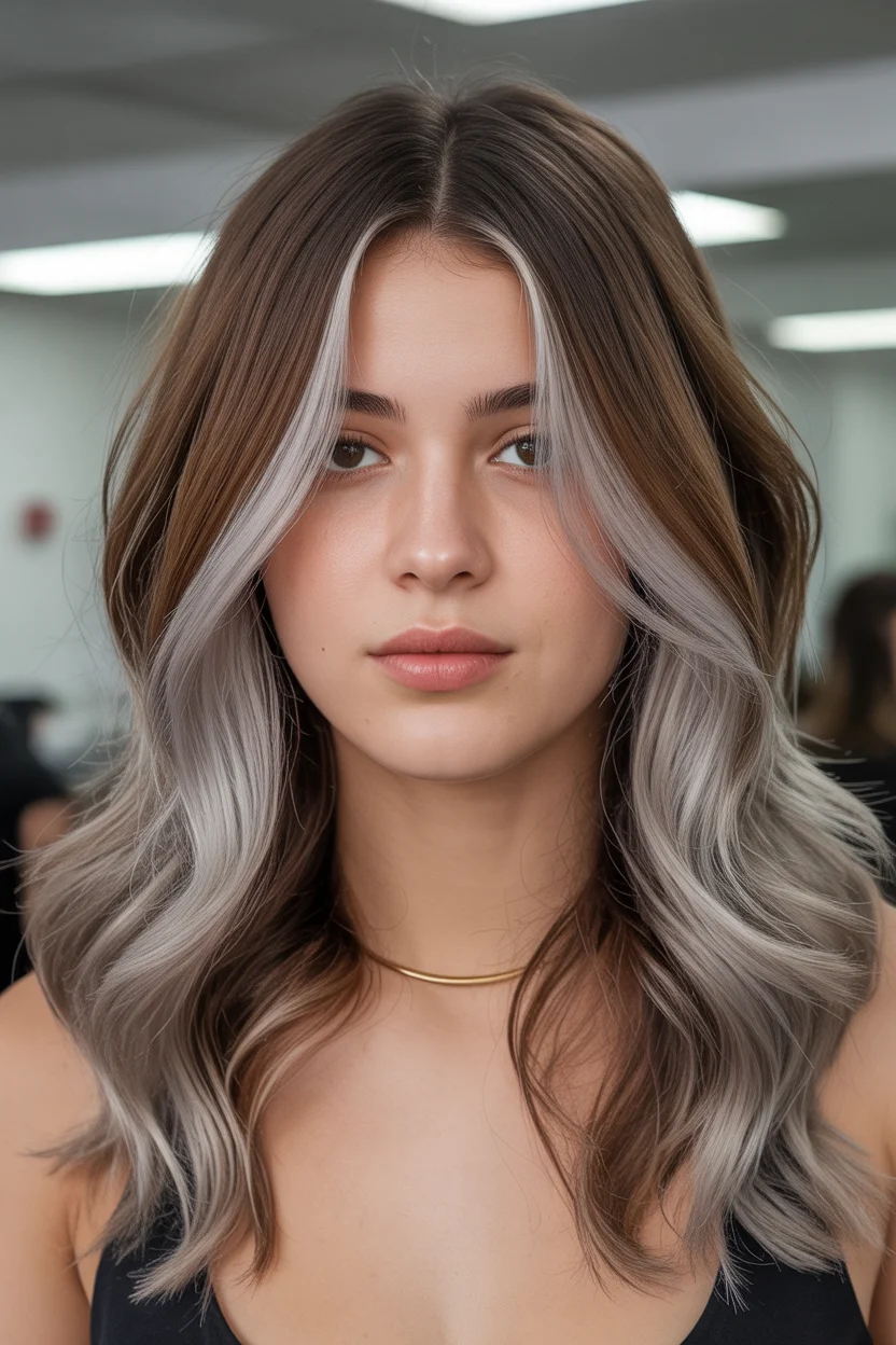 soft summer mushroom brown hair color 2026 high contrast mushroom ribbons with center part precision