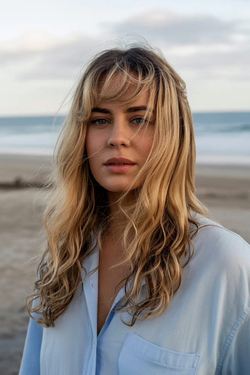 soft summer wavy hairstyle 2026 Beachy Blonde Waves With Airy Curtain Bangs
