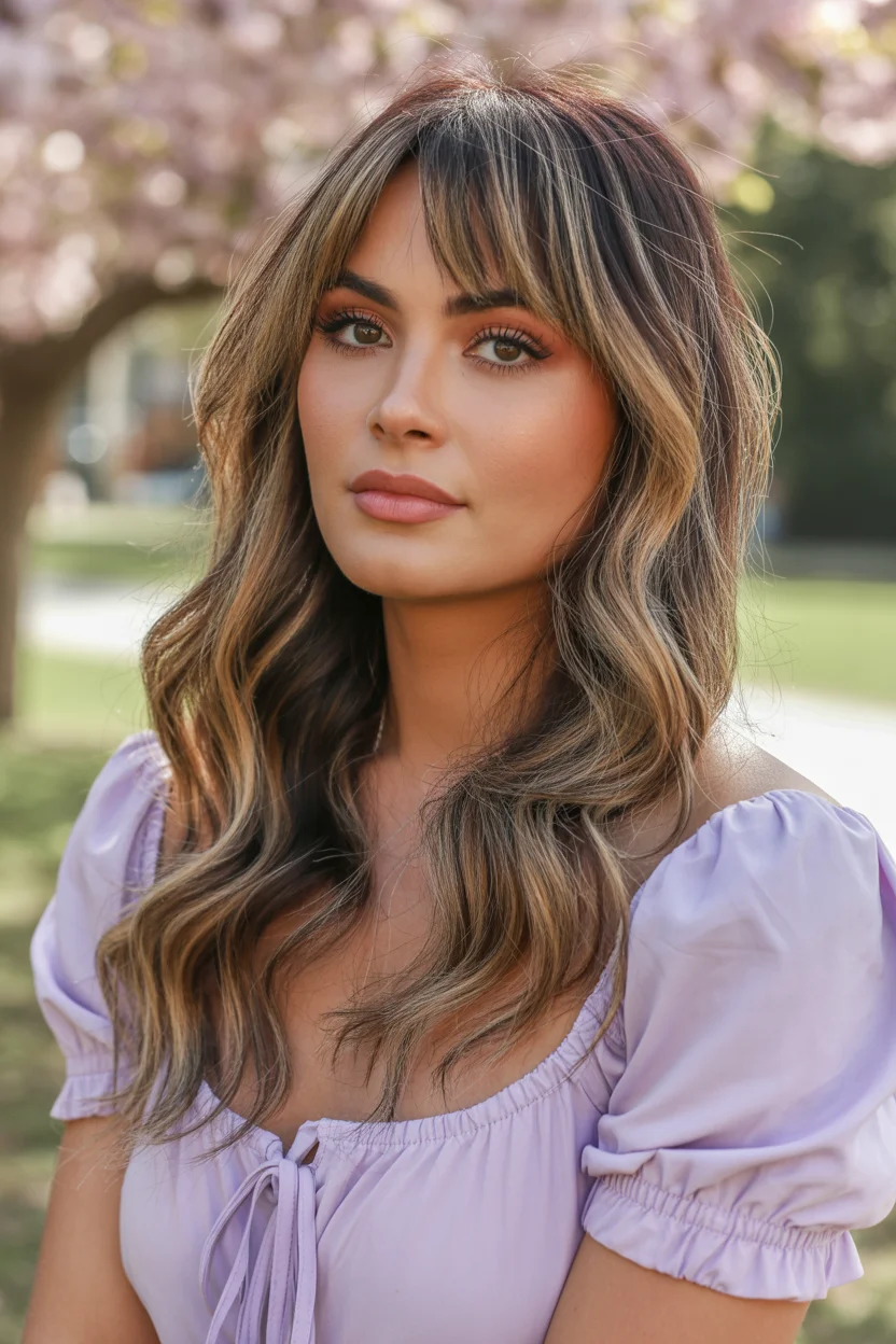 soft summer wavy hairstyle 2026 Soft Brunette Waves With Wispy Summer Fringe