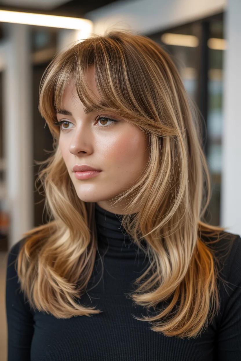 soft summer wavy hairstyle 2026 Layered Honey Waves With Wispy Curtain Bangs