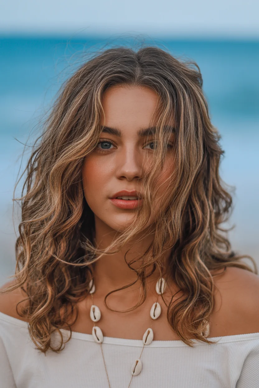 soft summer wavy hairstyle 2026 Beachy Brunette Waves With Coastal Texture
