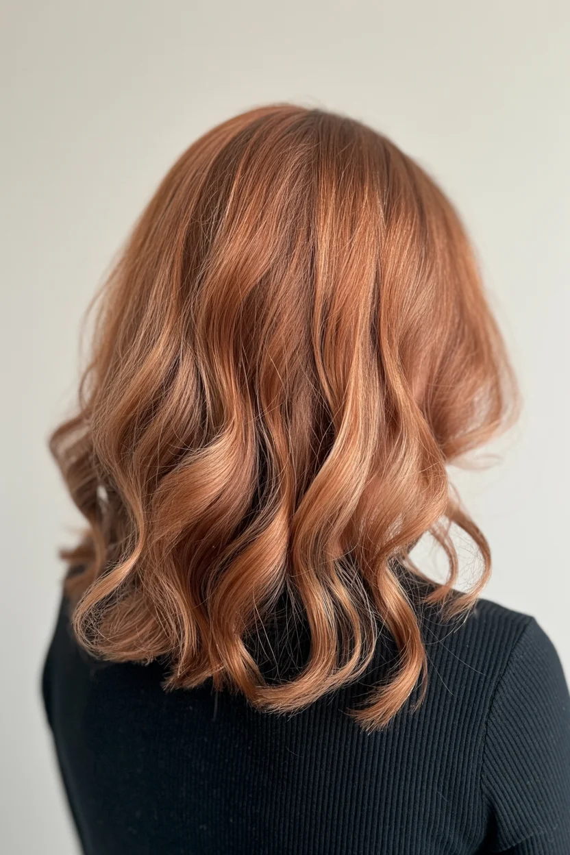 soft summer wavy hairstyle 2026 Warm Cinnamon Waves With Glossy Dimension