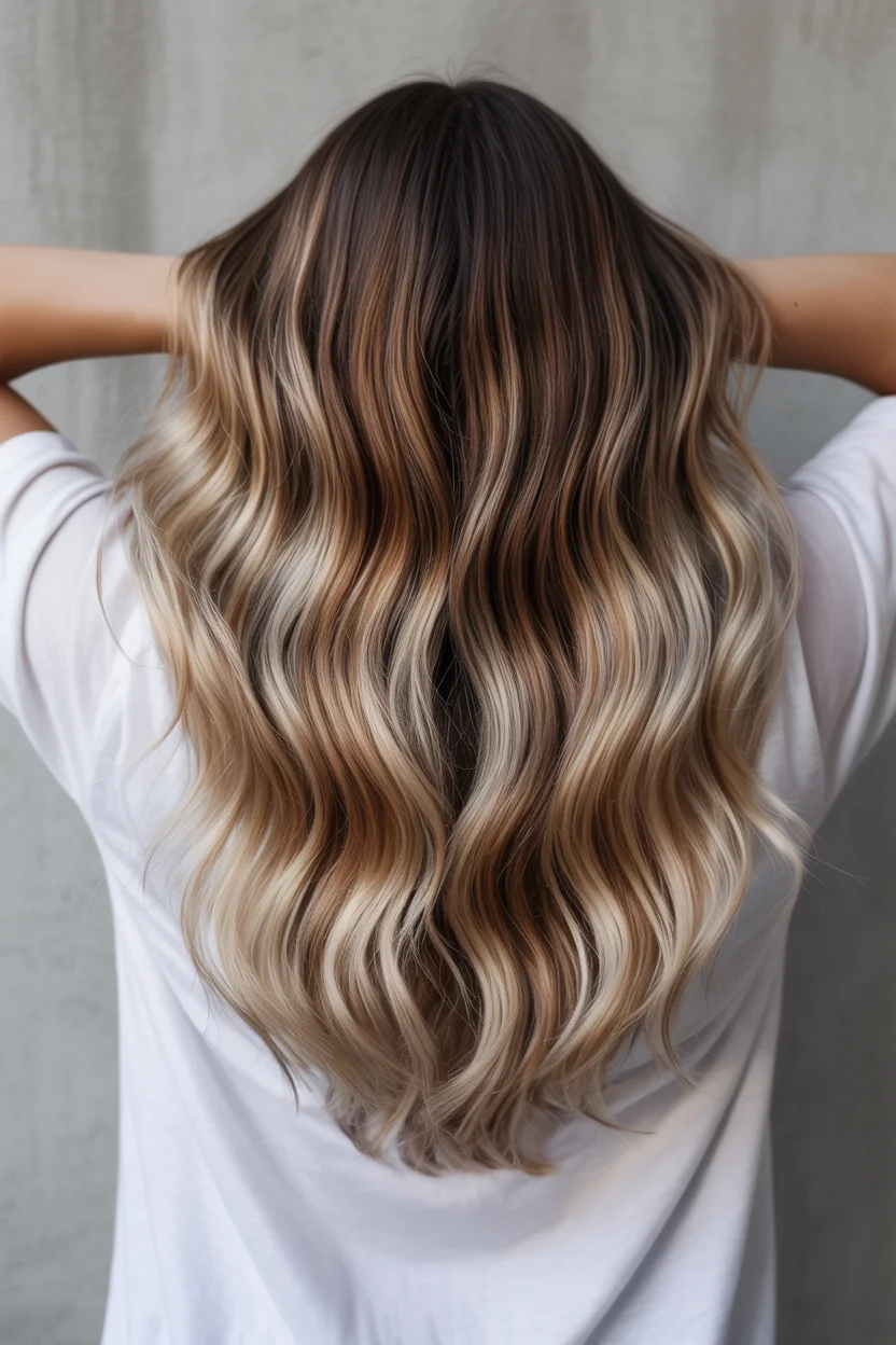 soft summer wavy hairstyle 2026 Glossy Mocha Waves With Creamy Balayage
