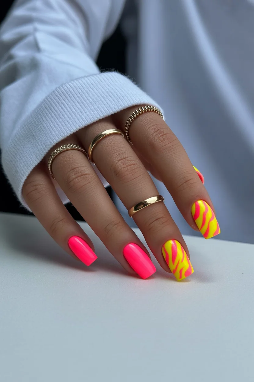 summer acrylic nails 2026 Neon Zebra Acrylic Nails Are the Bold-Girl Summer Trend I Keep Seeing Everywhere