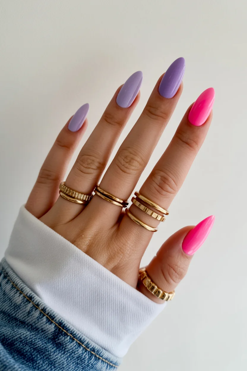 summer acrylic nails 2026 Pink And Lilac Acrylic Nails Are Bringing Back Playful Color Blocking