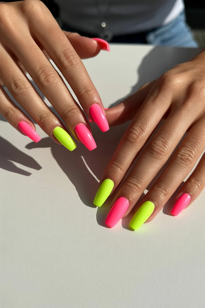 summer acrylic nails 2026 Neon Pink And Lime Acrylic Nails Feel Like Summer Turned All The Way Up