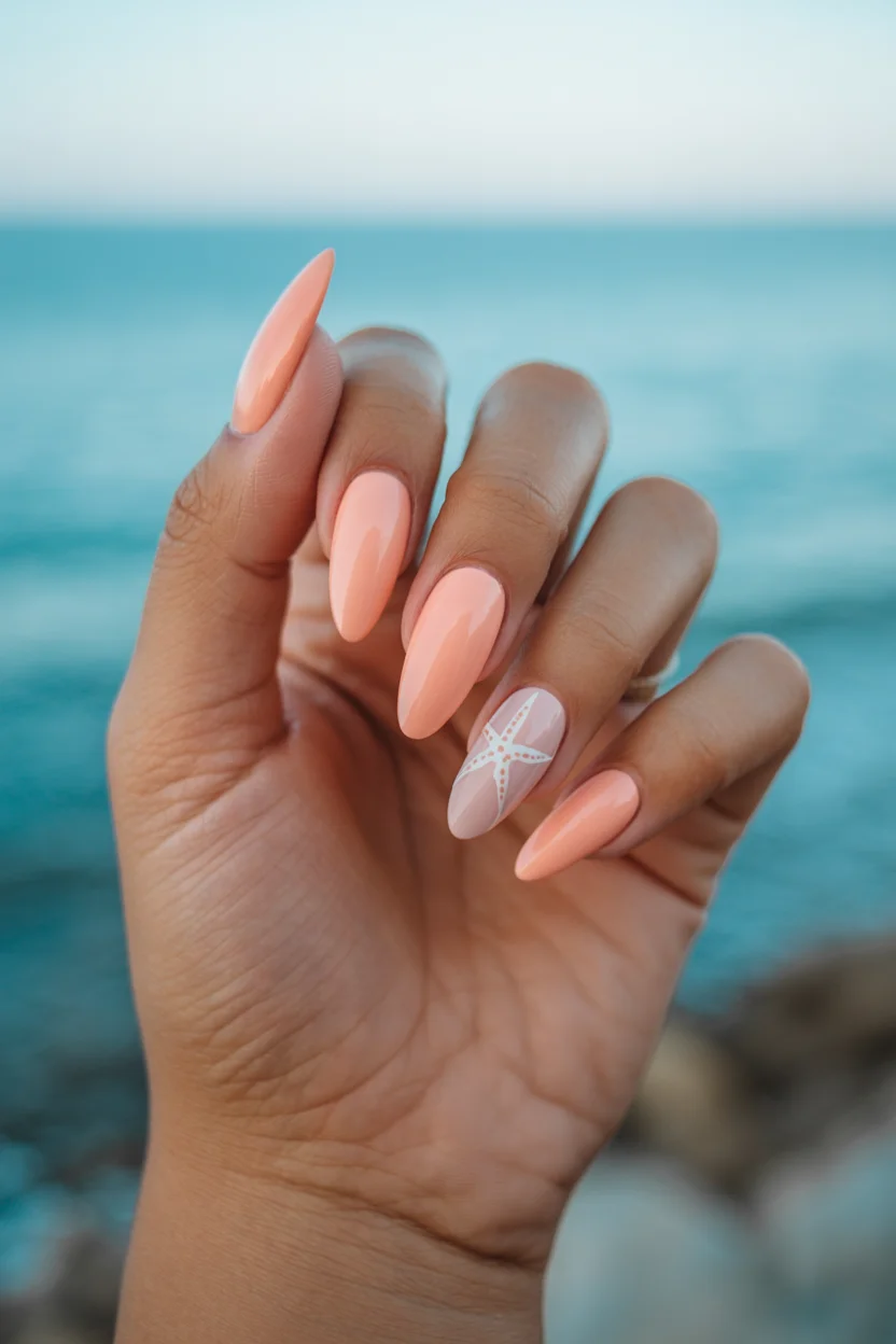 summer beach nails 2026 Soft Peach Almond Nails With Minimal Starfish Details