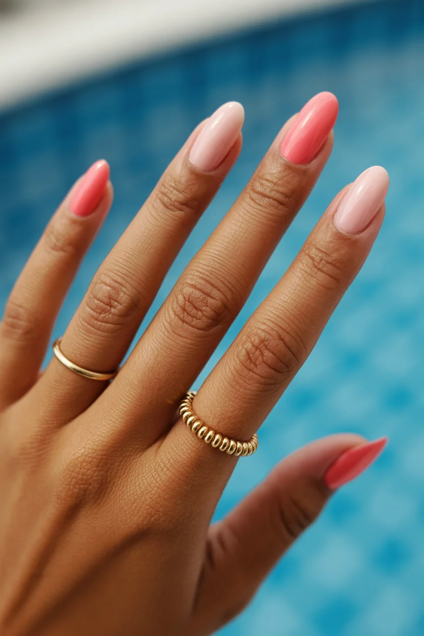 summer beach nails 2026 Glossy Pink Ombre Nails For Soft Summer Evenings