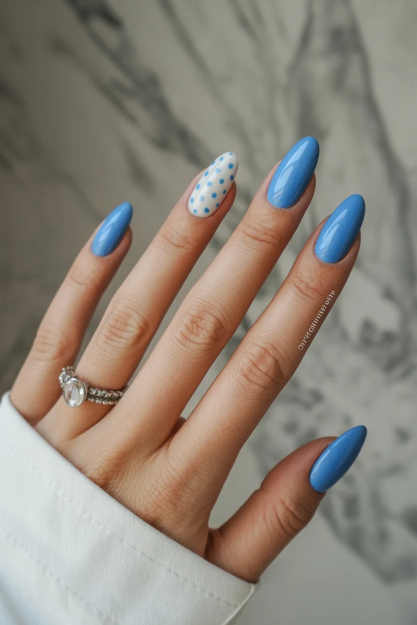 summer beach nails 2026 Baby Blue Polka Dot Nails With Retro Summer Charm