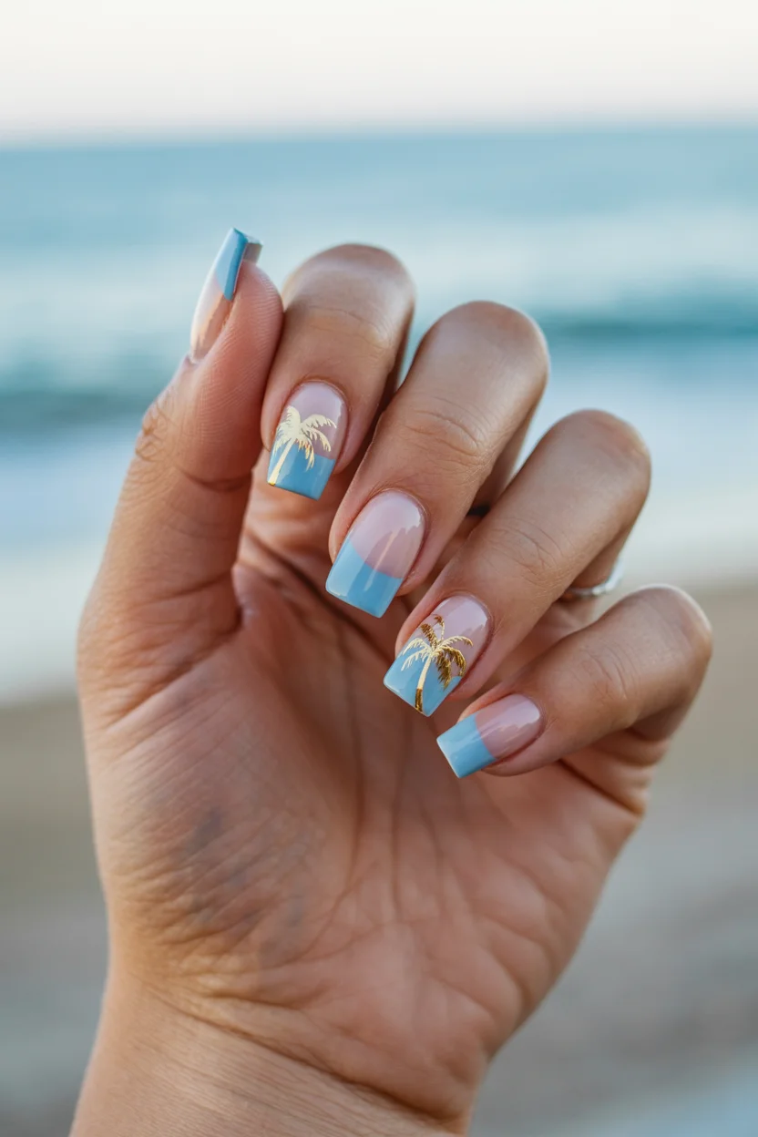 summer beach nails 2026 Sky Blue French Tips With Minimal Palm Tree Art