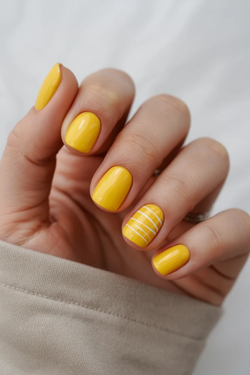 summer beach nails 2026 Sunny Lemon Nails With Minimal White Stripe Details