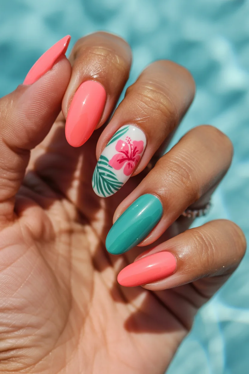 summer beach nails 2026 Coral And Turquoise Tropical Nails With Hibiscus Art