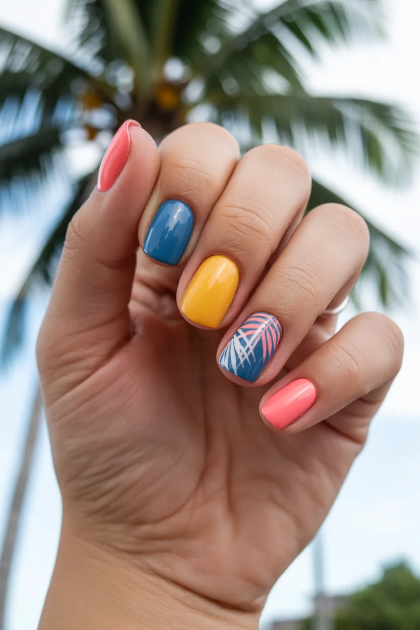 summer beach nails 2026 Colorful Coastal Nails With Palm Leaf Accents