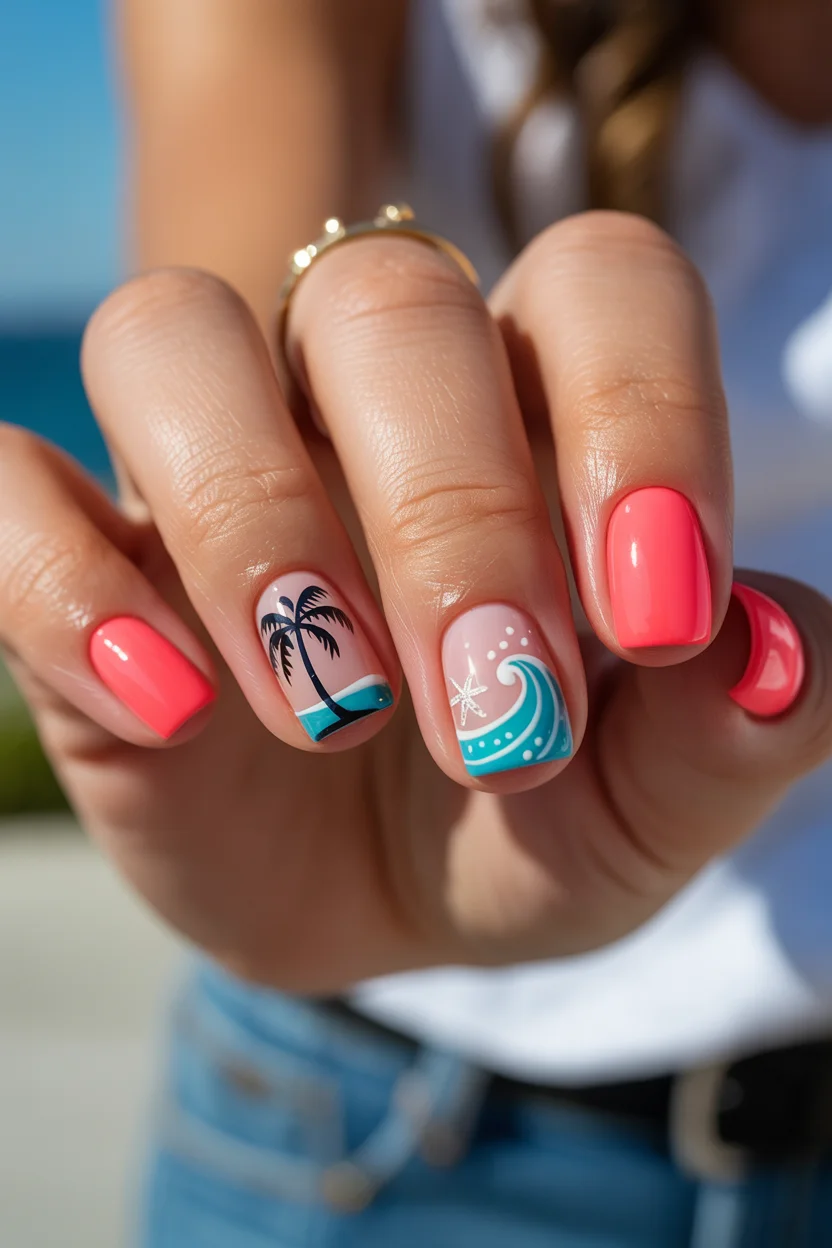 summer beach nails 2026 Bright Coral Beach Nails With Ocean Wave Details