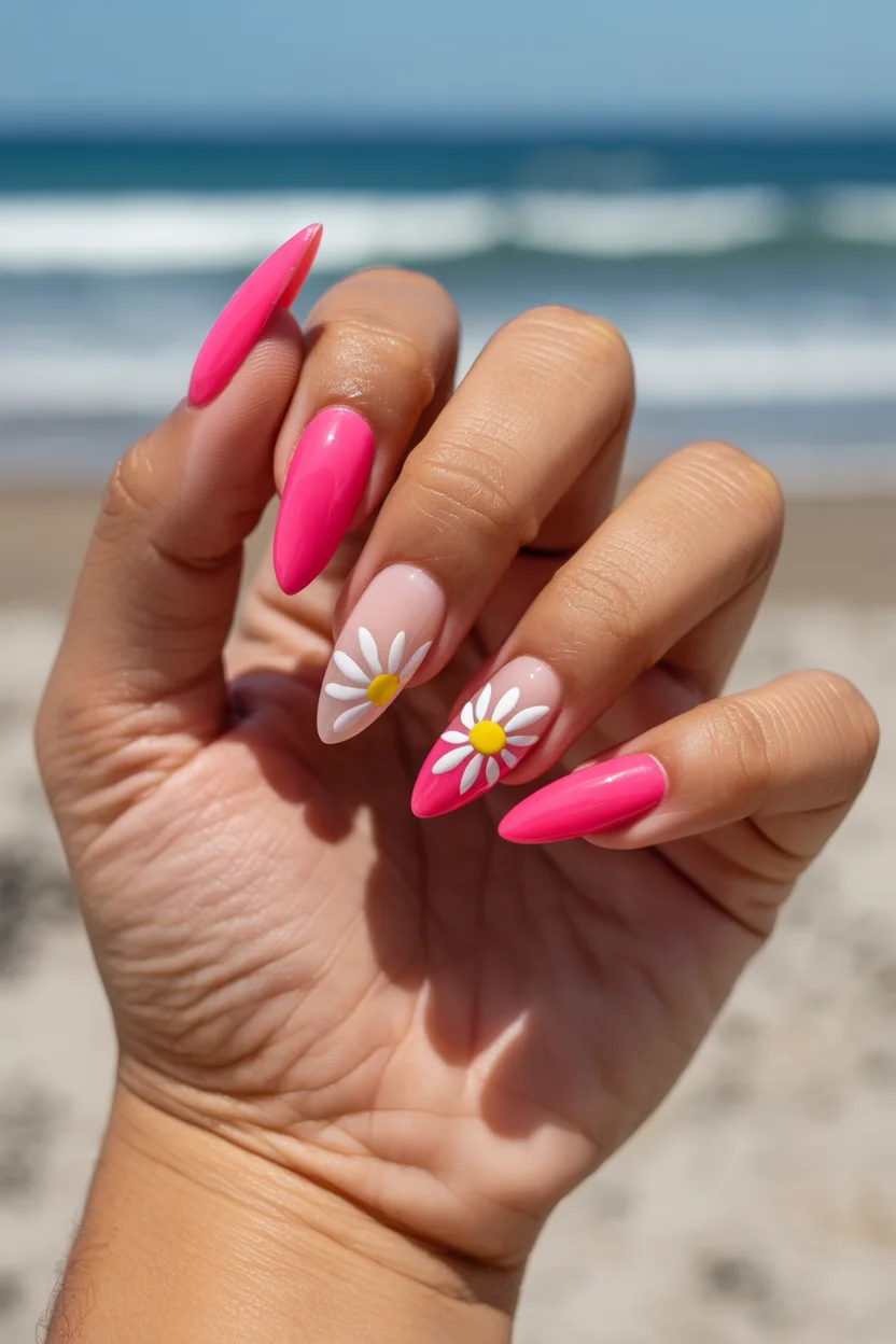 summer beach nails 2026 Hot Pink Daisy Nails That Feel Like a Beach Vacation