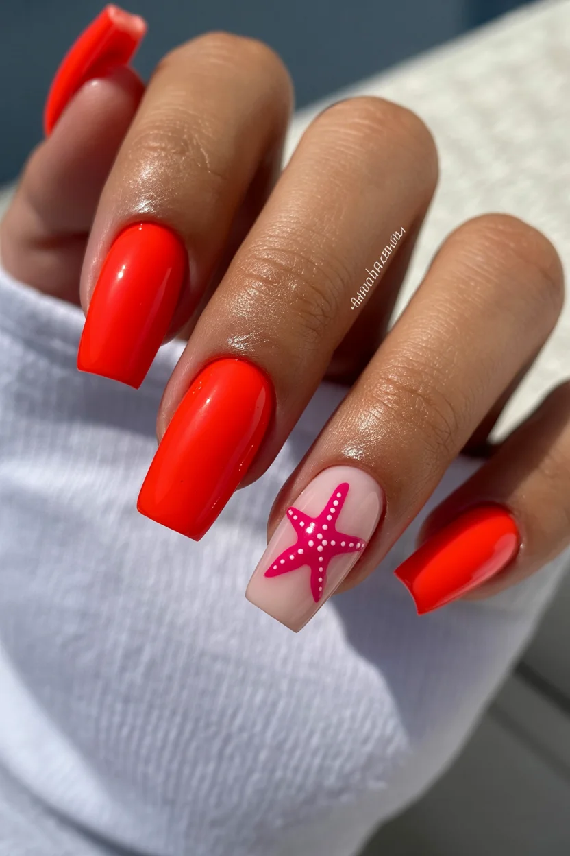 summer beach nails 2026 Neon Coral Nails With Bold Pink Starfish Accent