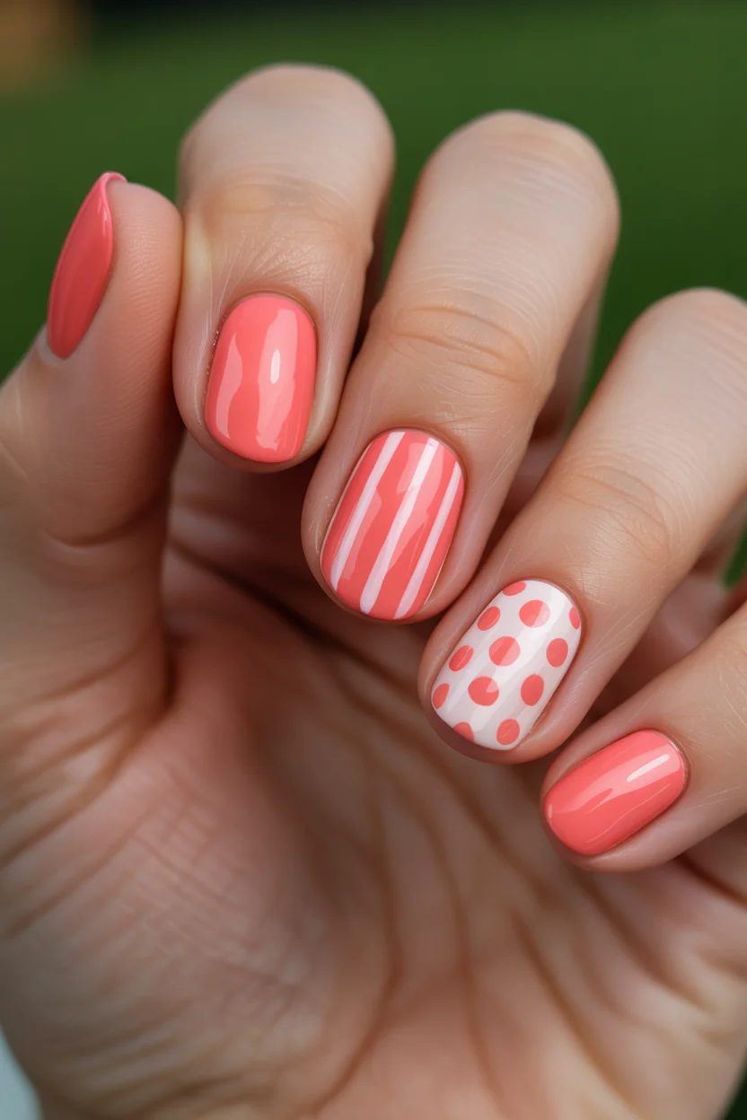 summer beach nails 2026 Playful Coral Polka Dot Nails With Retro Energy