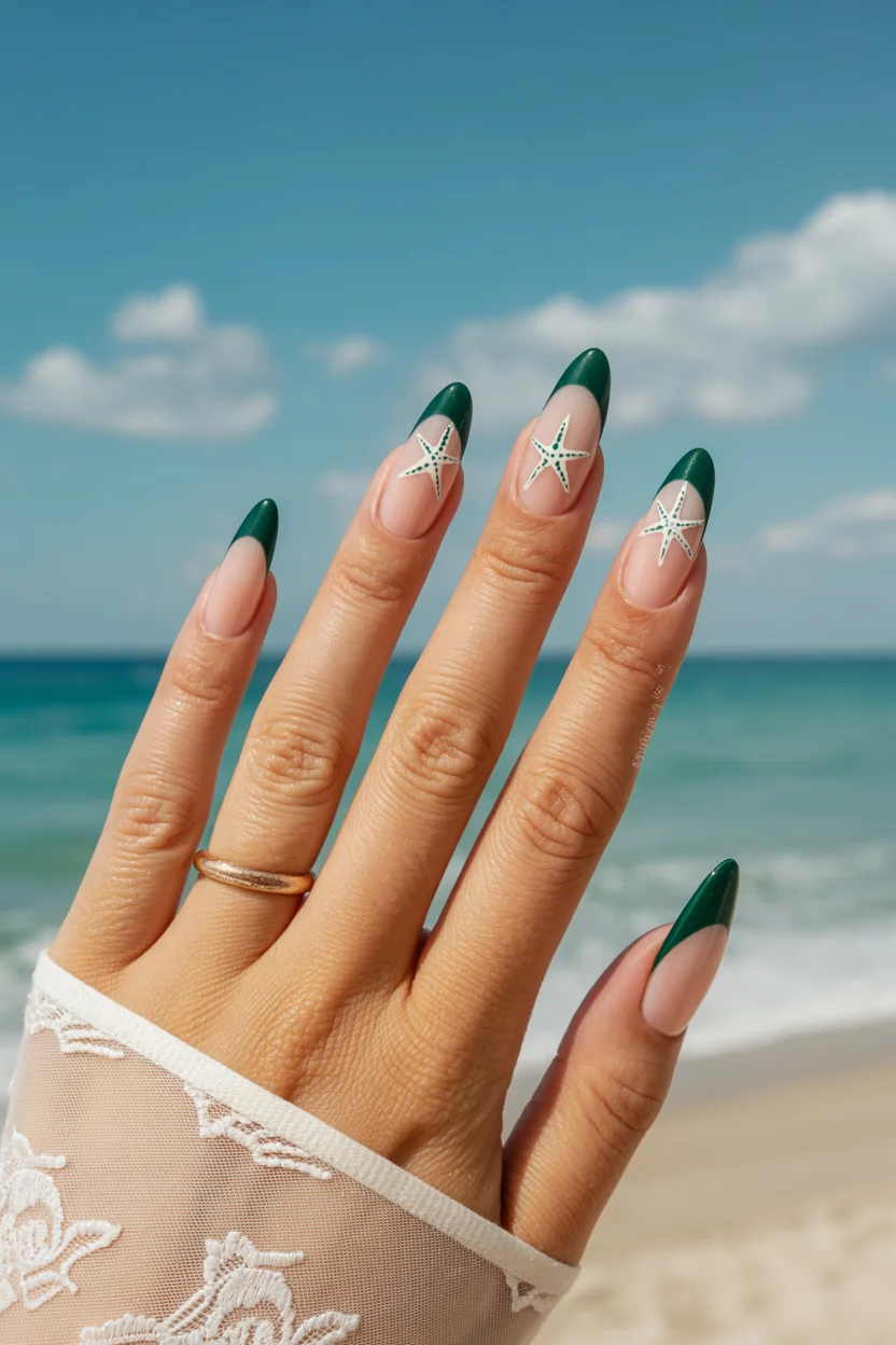 summer beach nails 2026 Deep Green French Tips With Modern Mermaid Details