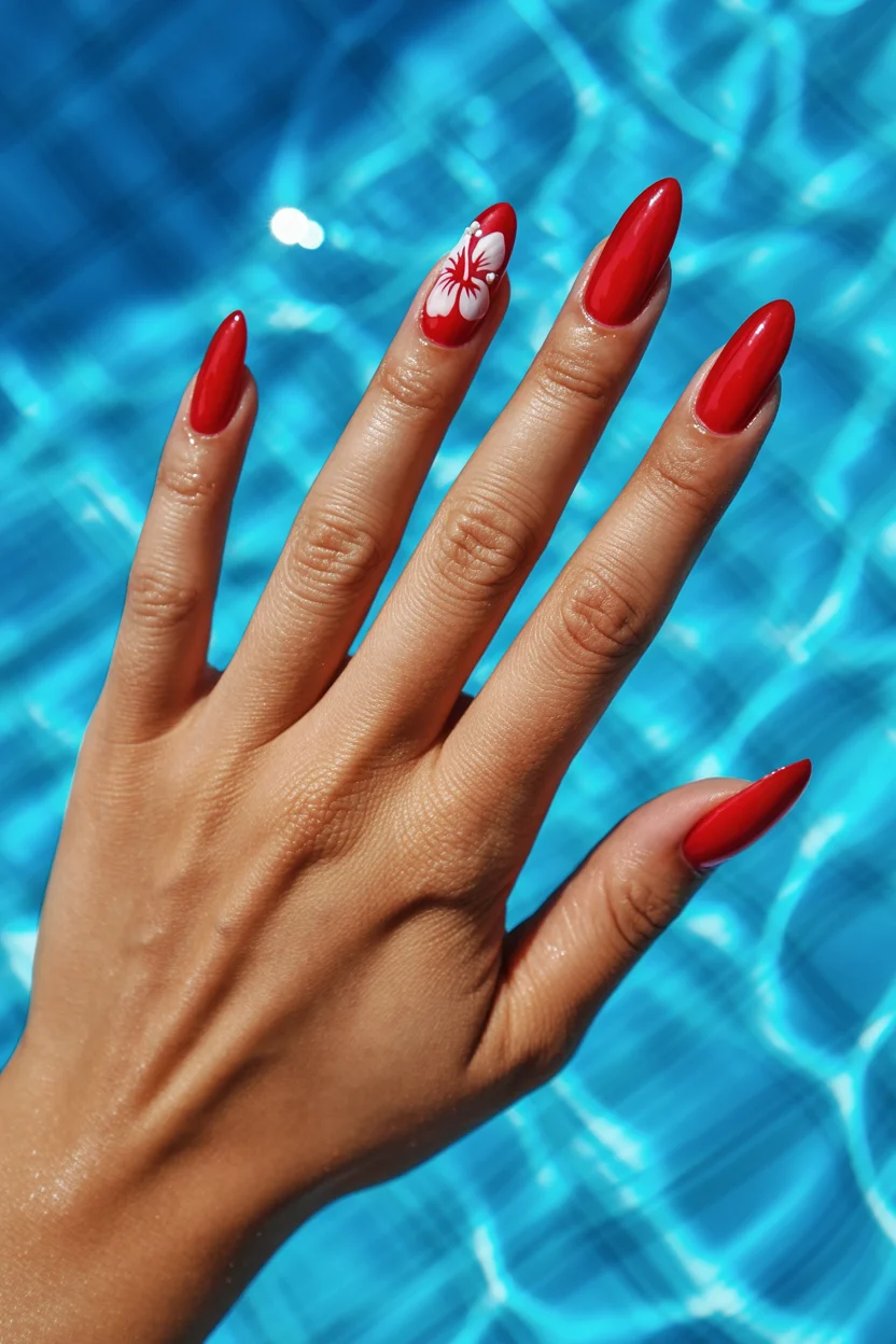 summer beach nails 2026 Glossy Cherry Red Nails With Tropical Hibiscus Art