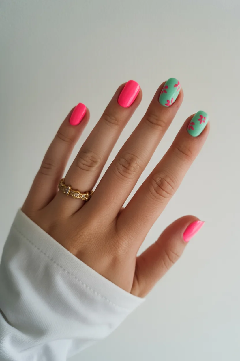 summer beach nails 2026 Playful Pink And Mint Nails With Retro Floral Details