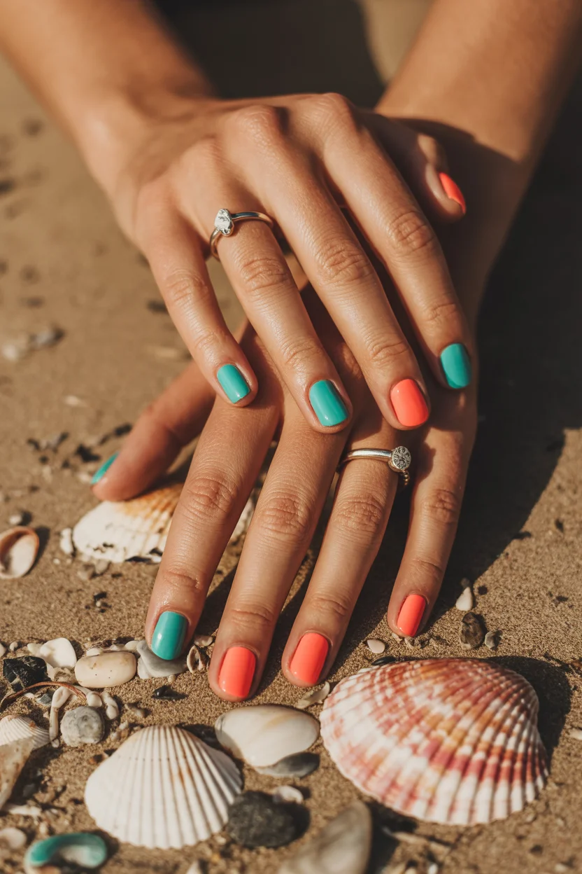 summer beach nails 2026 Bright Coral And Turquoise Nails Inspired By Ocean Tones