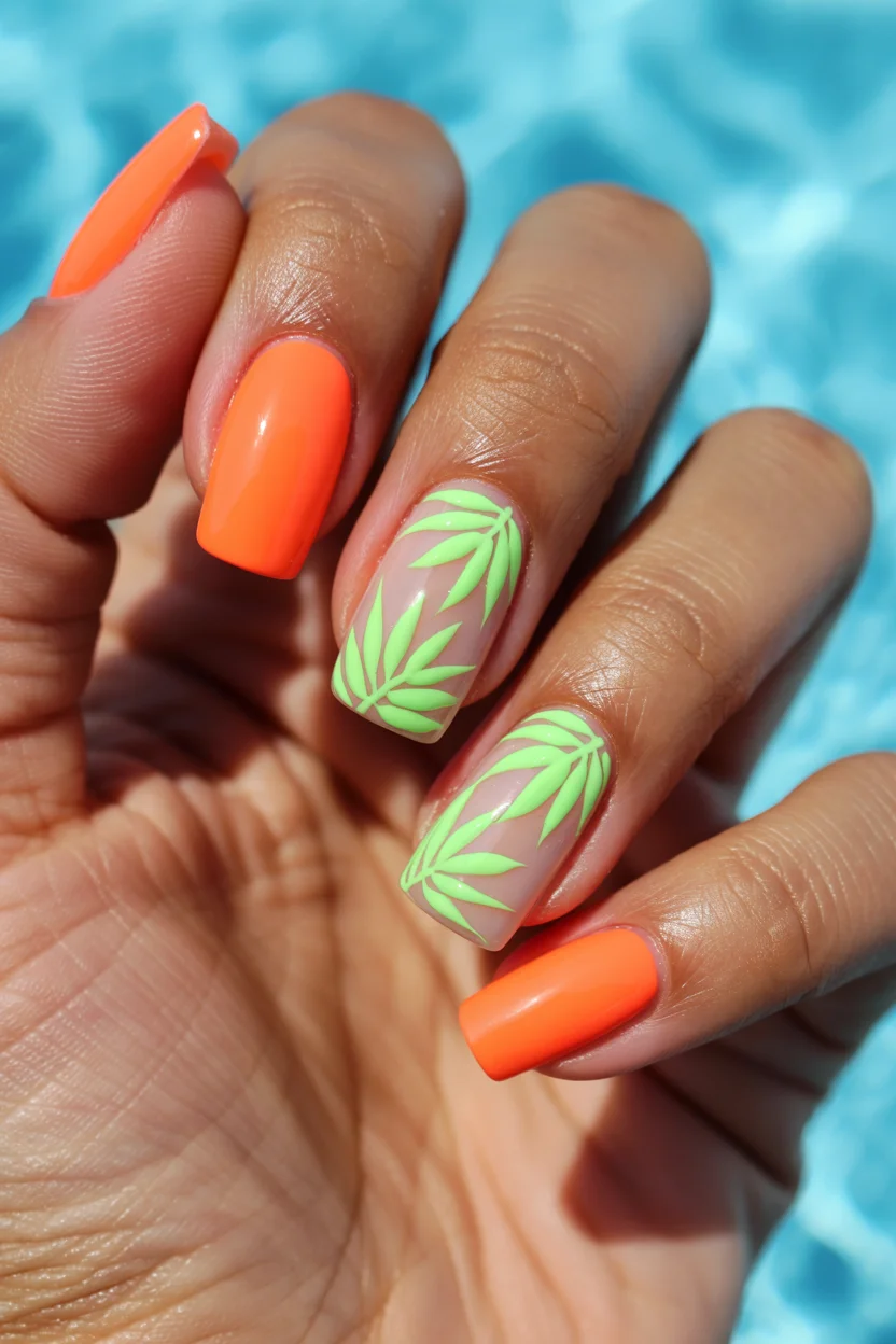 summer beach nails 2026 Neon Orange Nails With Fresh Palm Leaf Accents