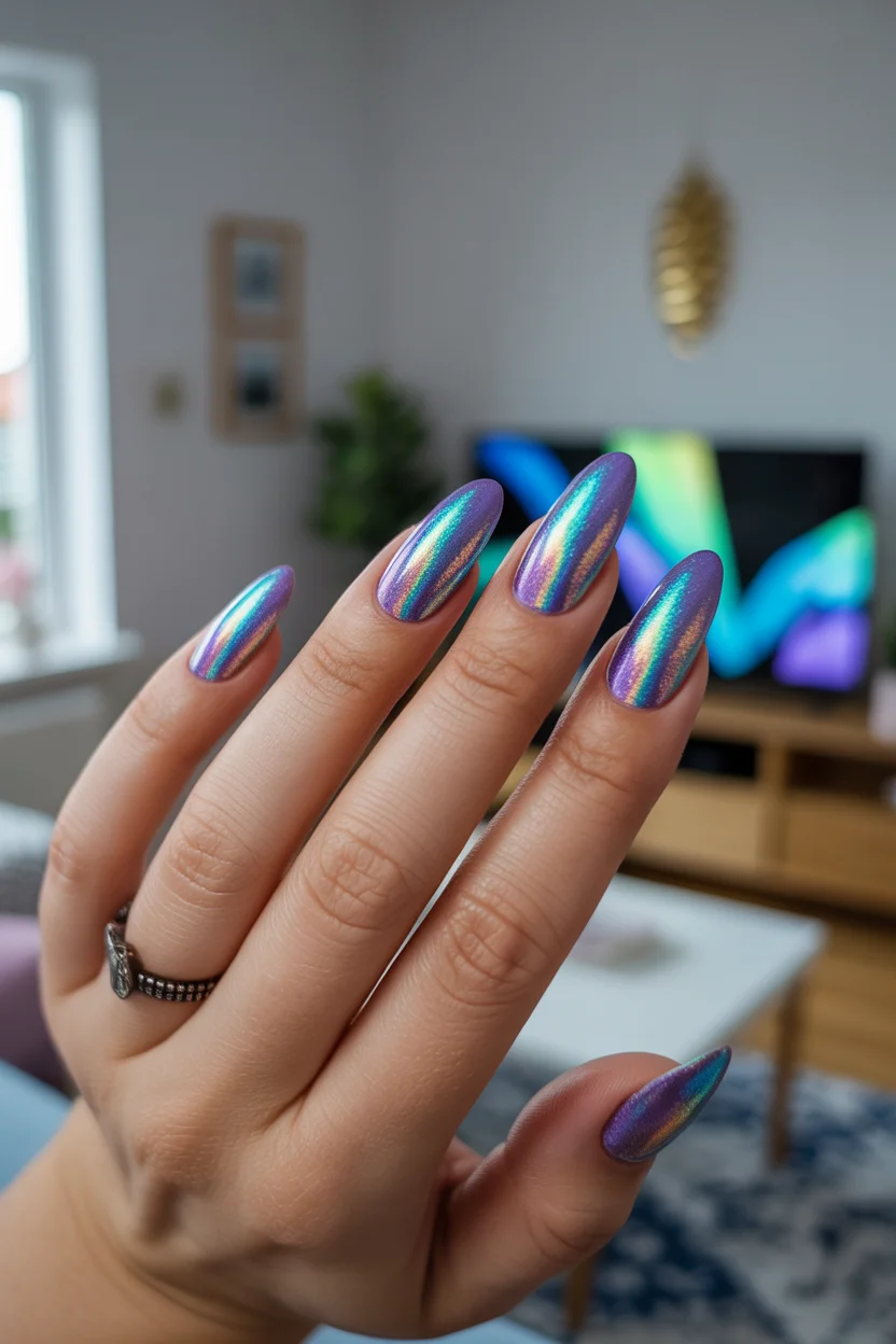 summer dip nails 2026 Cosmic Lavender Chrome That Feels Straight Out of a Sunset Playlist
