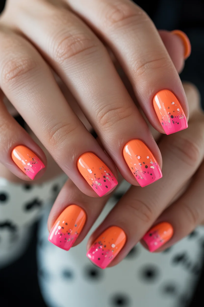 summer dip nails 2026 Sunset Ombre Dip Nails With Tiny Glitter Confetti