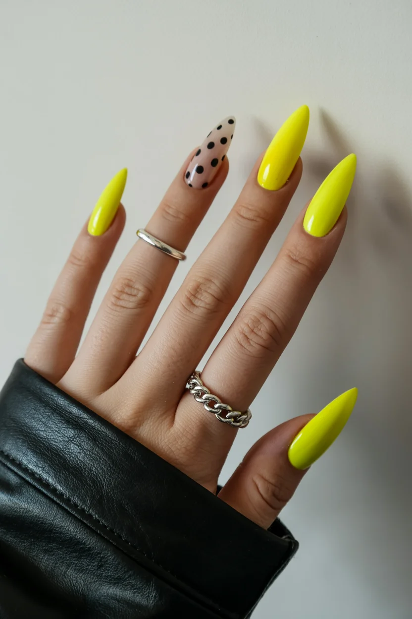 summer dip nails 2026 Electric Yellow Stiletto Nails With a Retro Polka Dot Twist