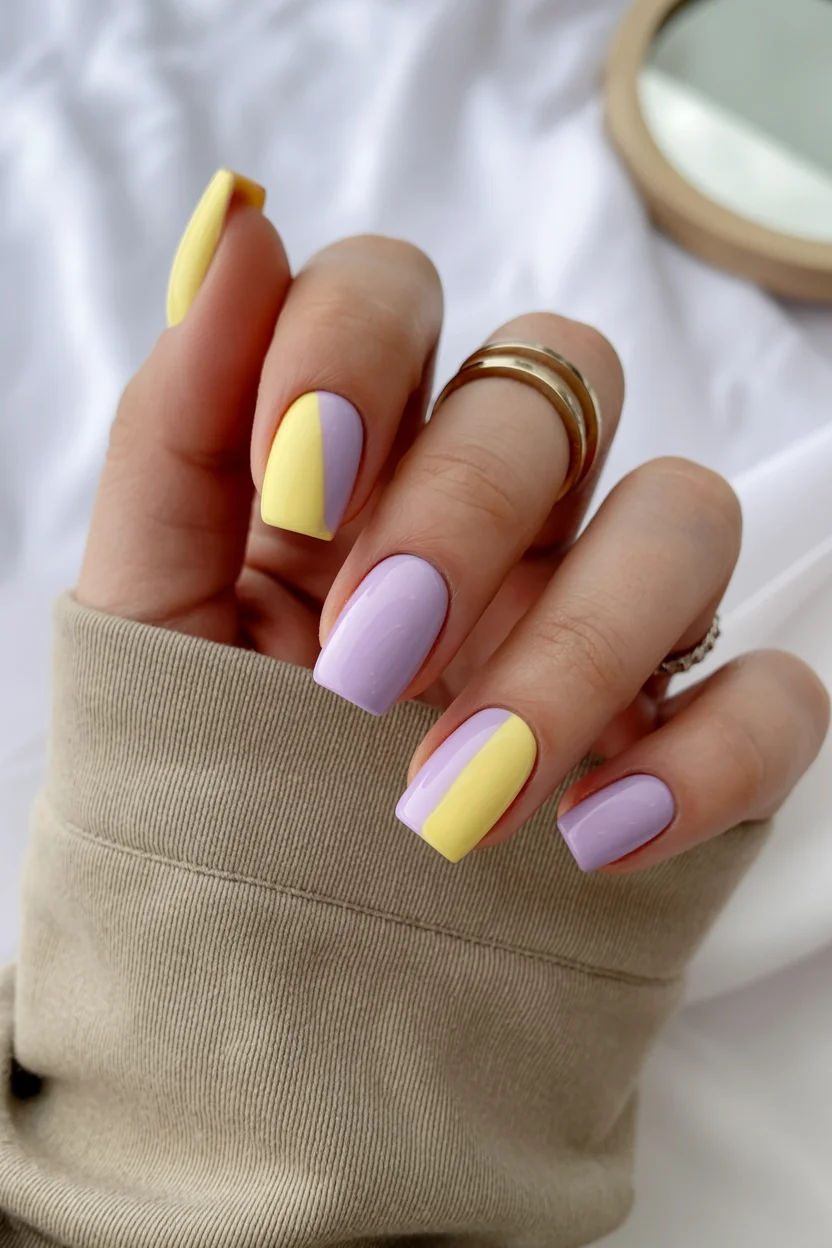 summer dip nails 2026 Lavender and Butter Yellow Colorblock Nails for Soft-Girl Summer