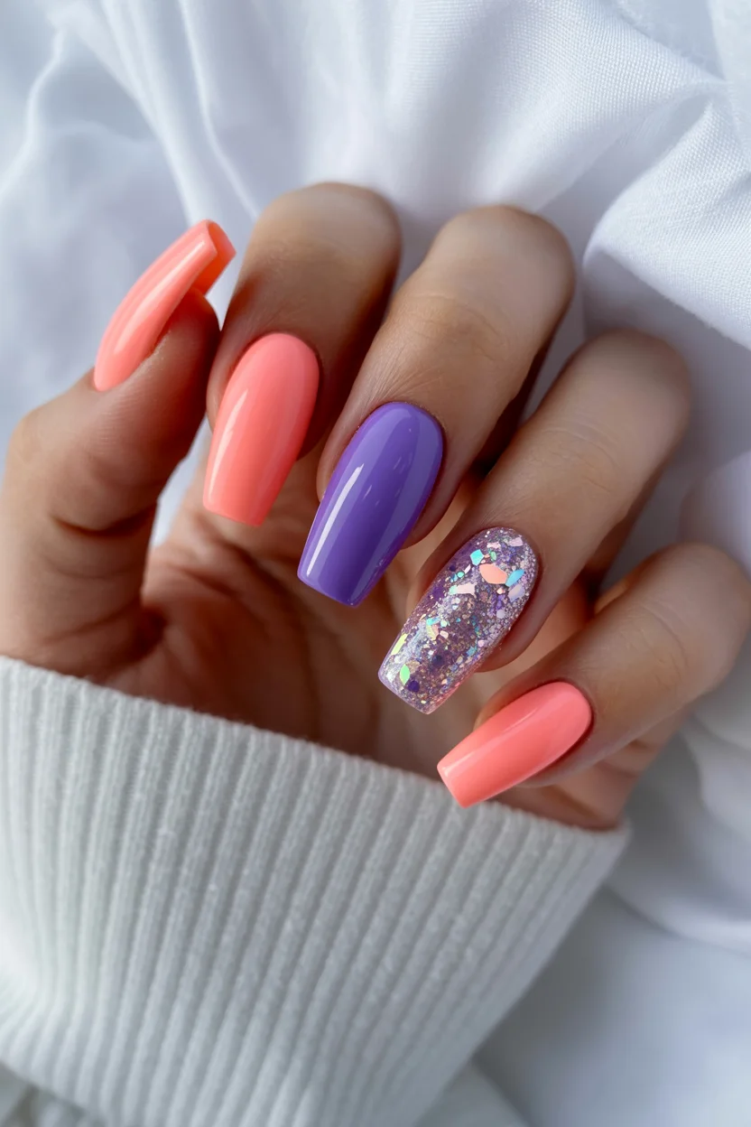 summer dip nails 2026 Coral and Violet Glitter Nails That Feel Like Festival Season