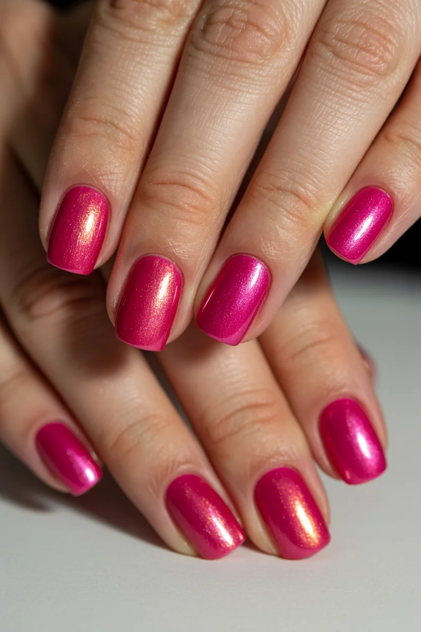 summer dip nails 2026 Hot Pink Pearl Dip Nails That Glow in Sunlight