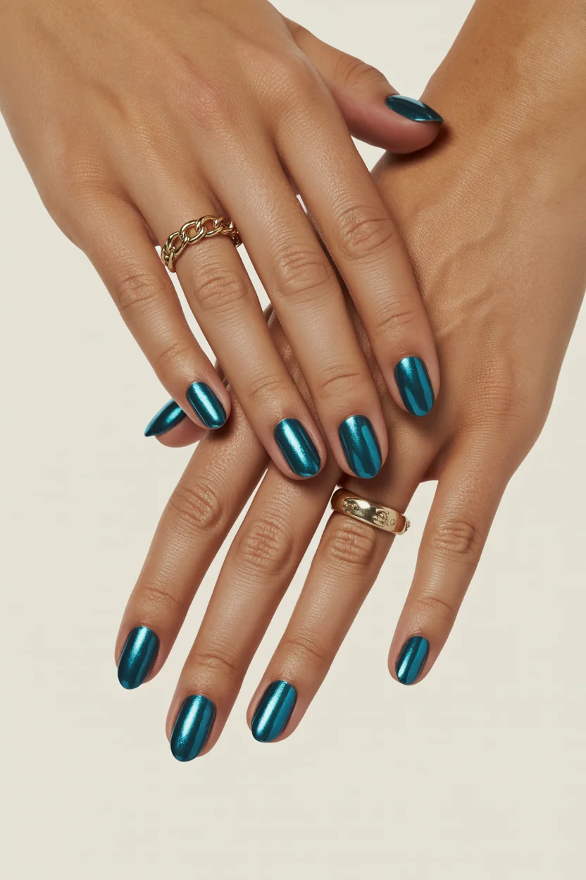 summer dip nails 2026 Deep Ocean Chrome Nails With a Liquid Metal Finish