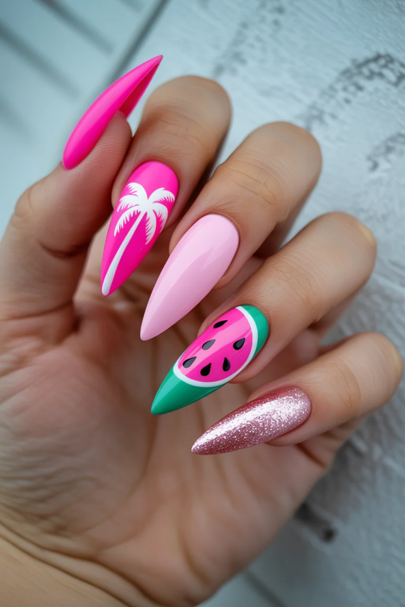 summer dip nails 2026 Tropical Pink Nail Art With Palm Trees and Watermelon Details