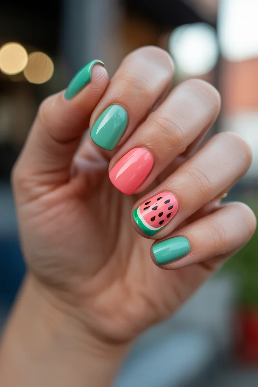 summer dip nails 2026 Fresh Watermelon-Inspired Nails in Soft Mint and Coral