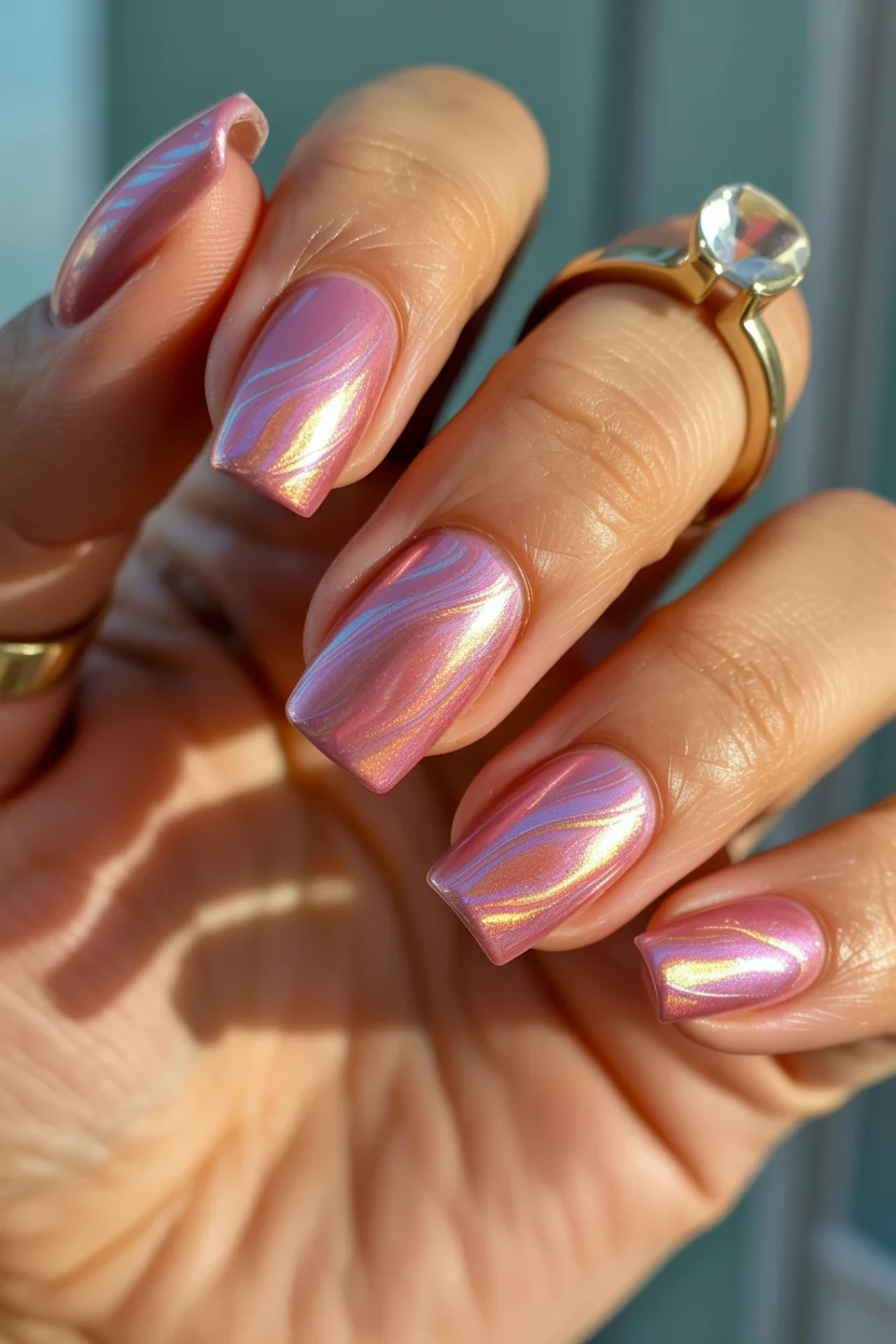 summer dip nails 2026 Soft Pink Pearl Nails That Catch Light Like Silk
