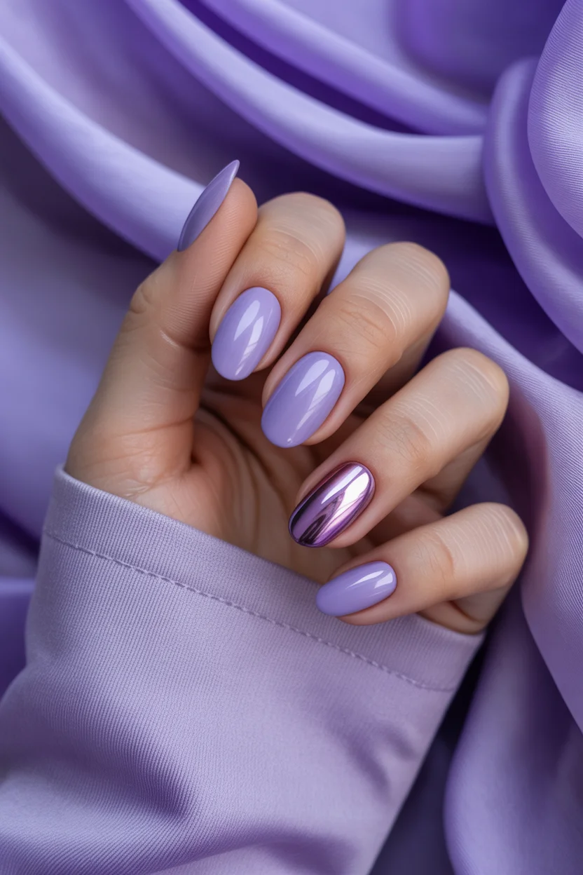 summer dip nails 2026 Lavender Minimalism With a Single Chrome Accent