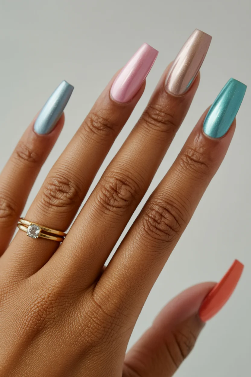 summer dip nails 2026 Pastel Chrome Coffin Nails That Look Like Melted Candy