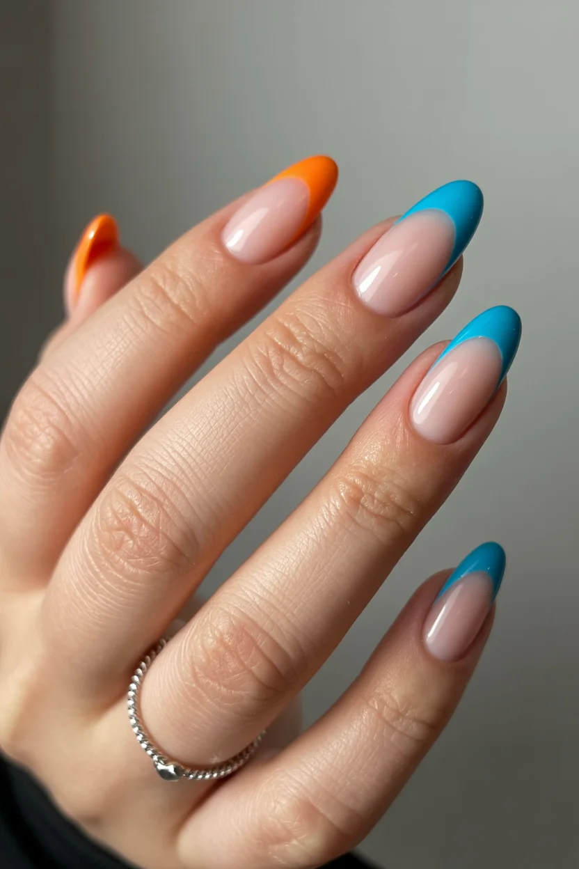 Summer French nails ideas 2026 Electric Blue French Tips With a Citrus Pop