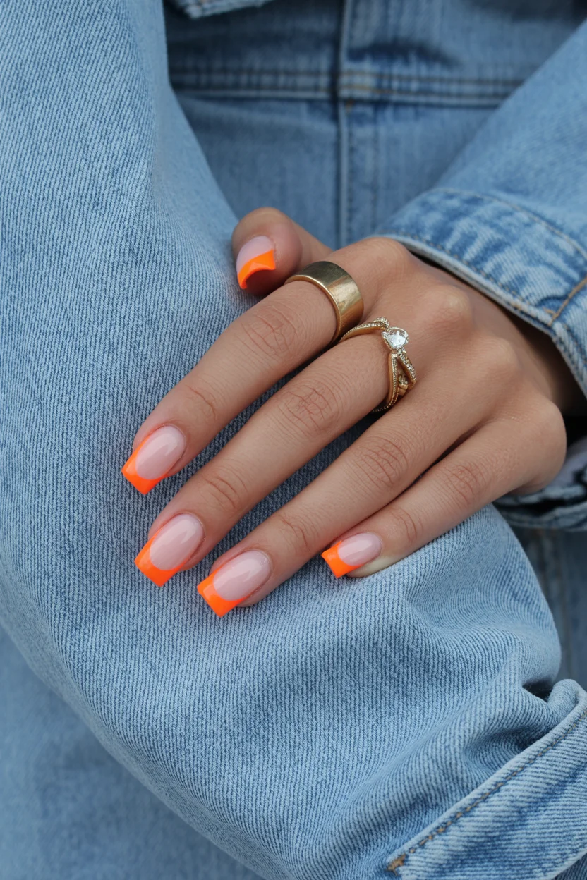 Summer French nails ideas 2026 Neon Orange French Tips That Instantly Make Hands Look Tanned