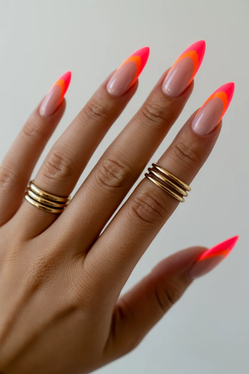 Summer French nails ideas 2026 Sunset Neon French Tips With Layered Color