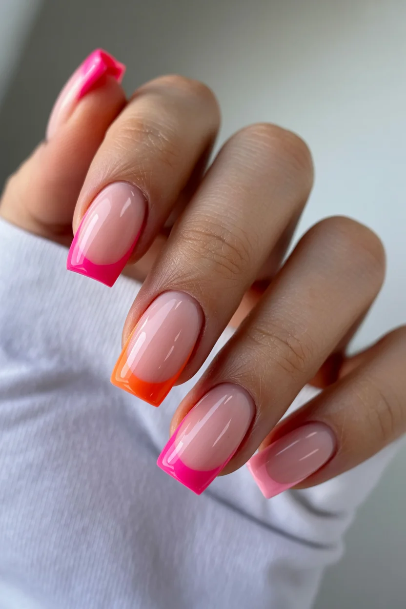 Summer French nails ideas 2026 Glossy Pink and Orange Square French Nails