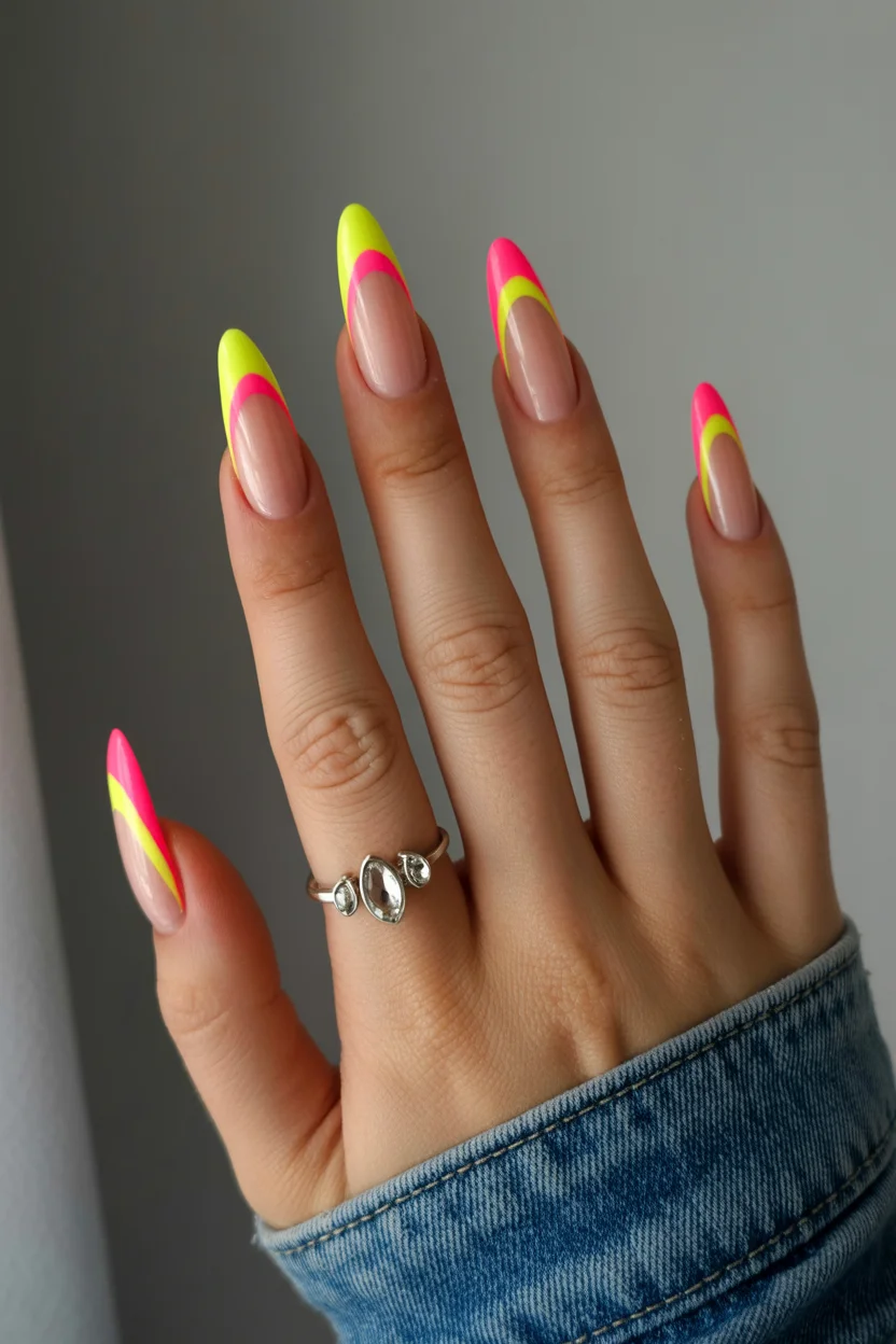 Summer French nails ideas 2026 Lime and Pink French Tips for a Playful Retro Summer Mood