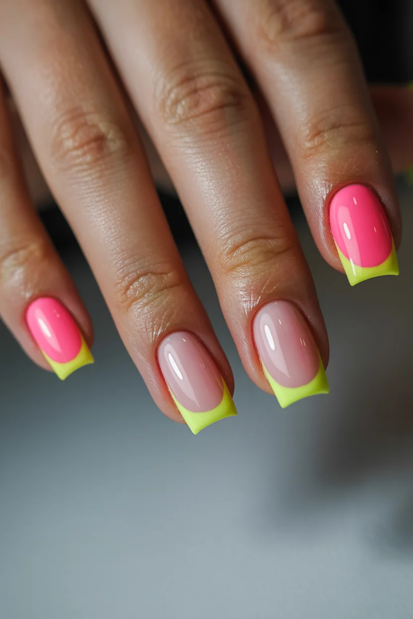 Summer French nails ideas 2026 Minimal Neon Yellow French Nails With a Pop Art Twist