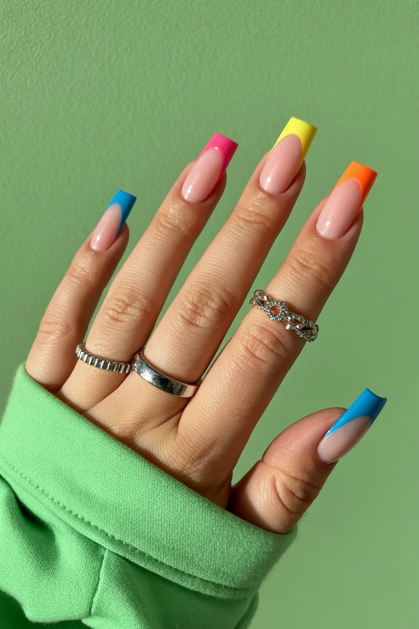 Summer French nails ideas 2026 Rainbow French Tips With a Retro Pop-Art Mood