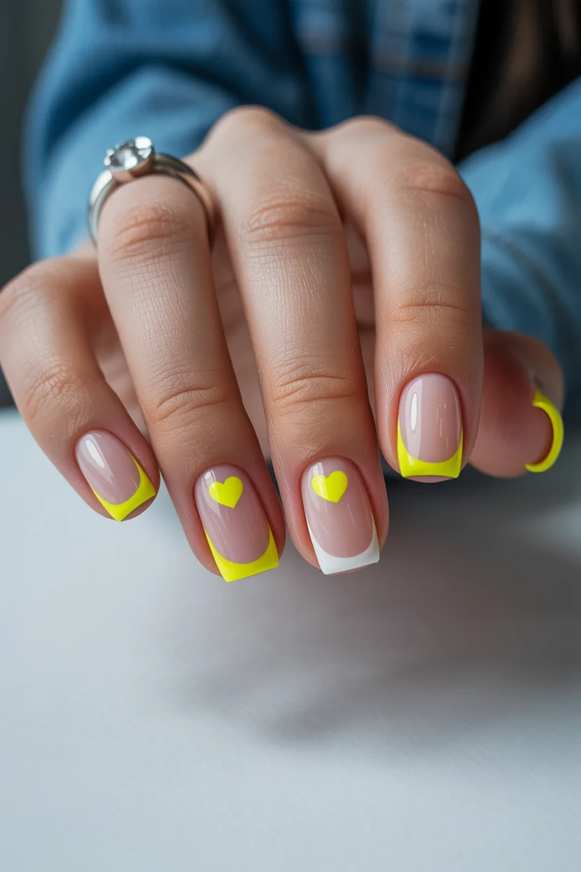 Summer French nails ideas 2026 Neon Heart French Nails With Playful Minimalism
