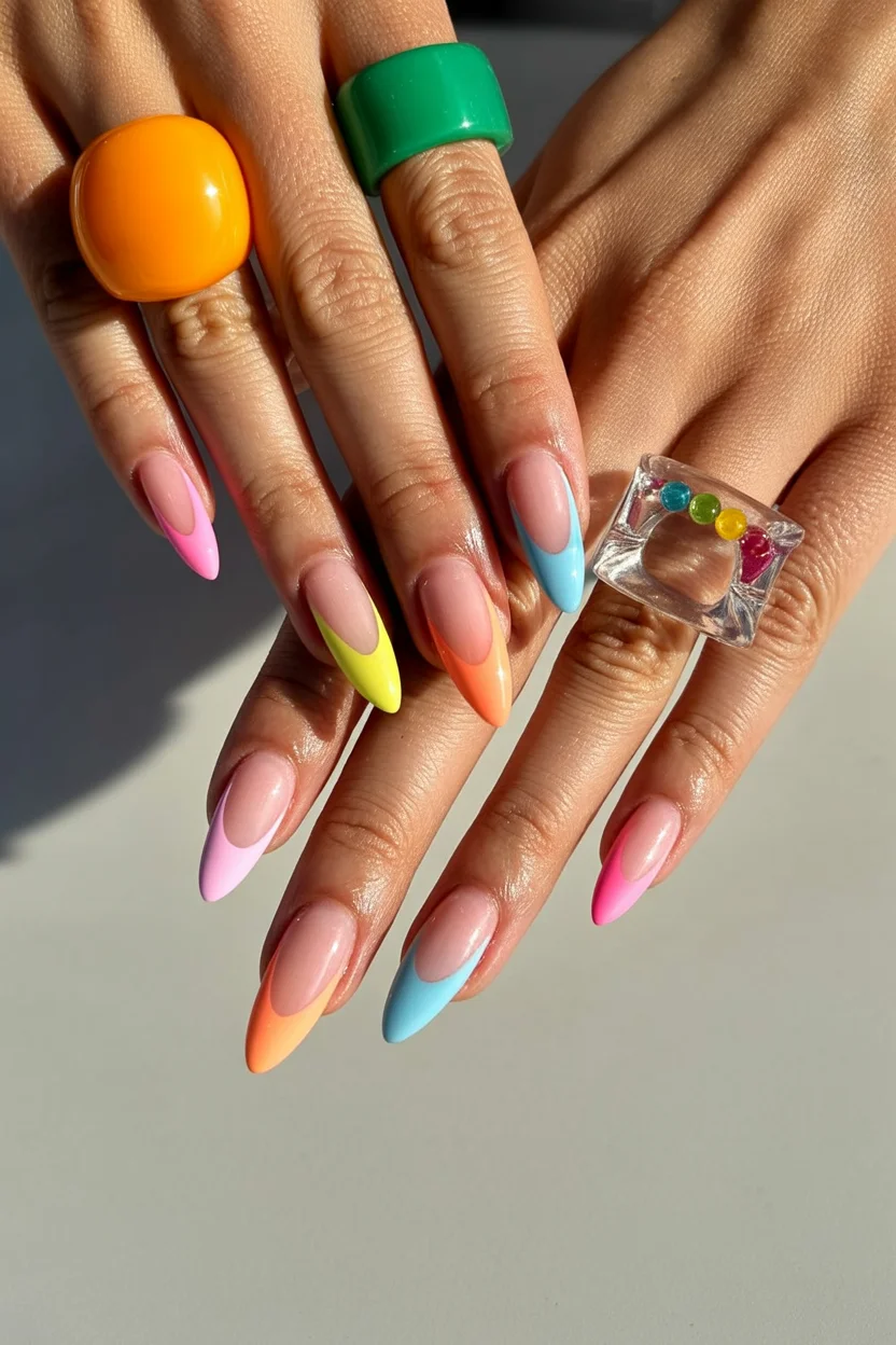 Summer French nails ideas 2026 Pastel Rainbow French Tips for Soft Summer Days